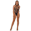 Lace by LJ Floral Lace & Net Halter Suspender Bodystocking Black