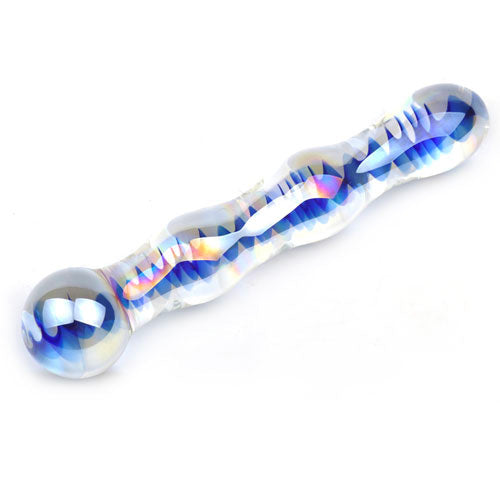 blue wavy glass dildo