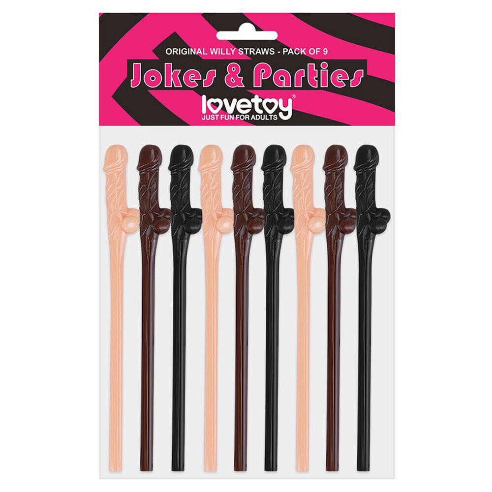 lovetoy pack of 9 willy straws black brown and pink