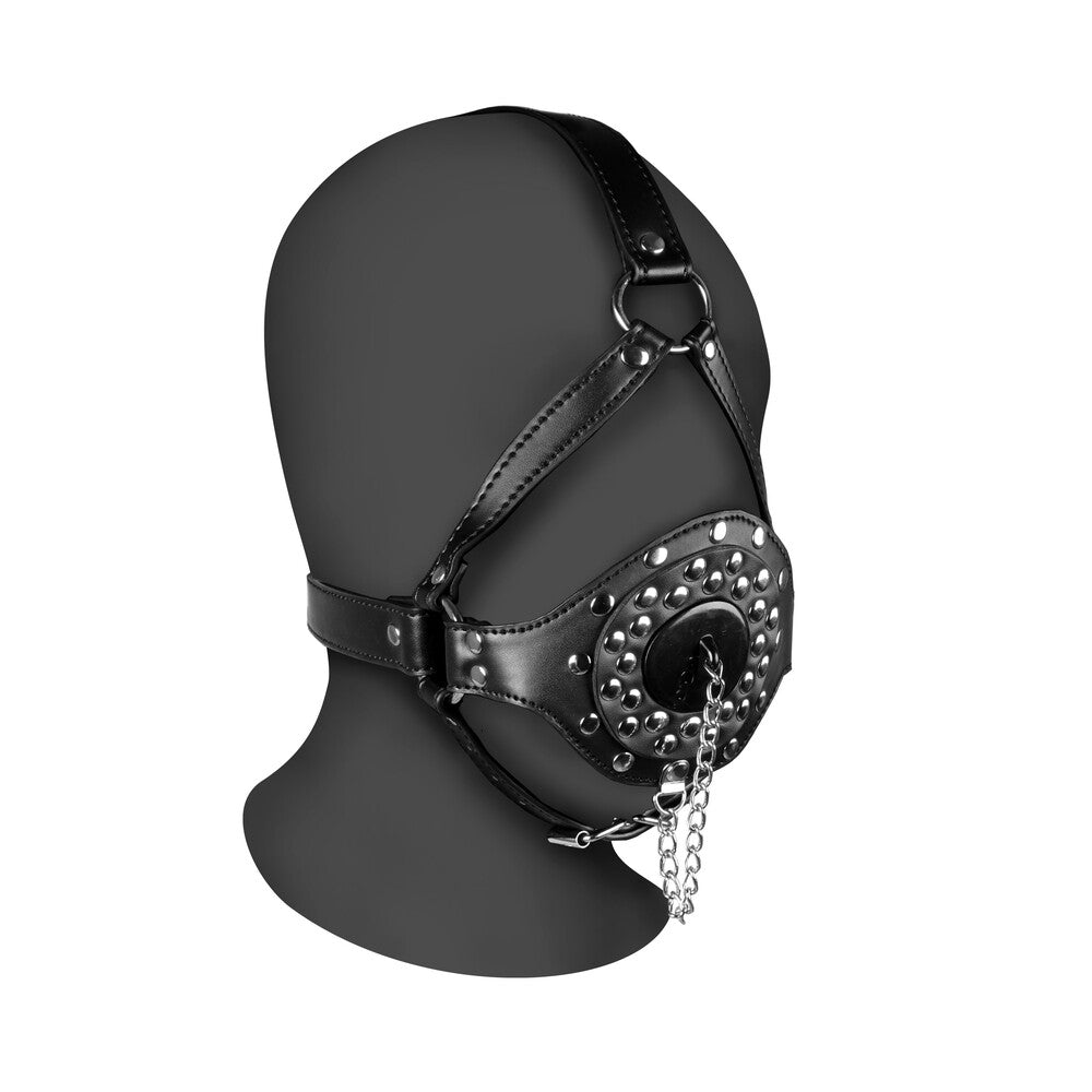 open mouth gag head harness with plug stopper
