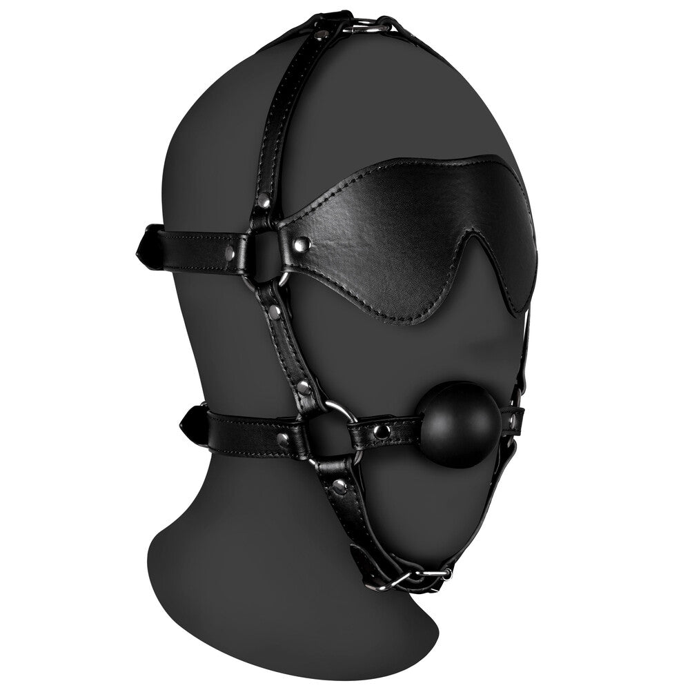ouch xtreme blindfolded harness with solid ball gag