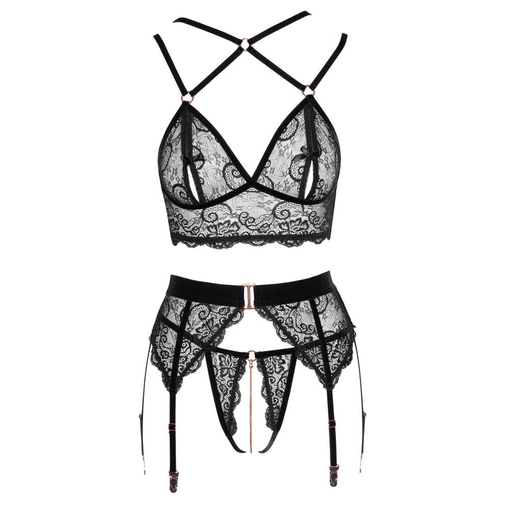 premium abierta fina lacey open suspender set