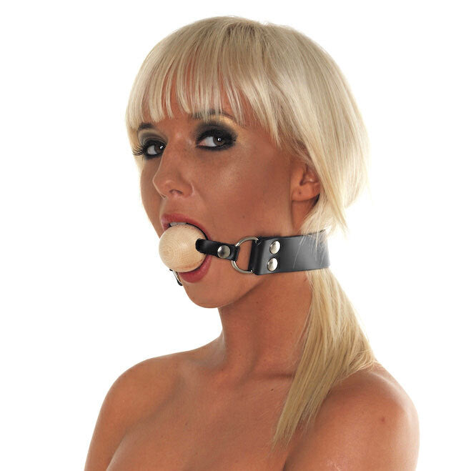 premium leather gag with wooden ball