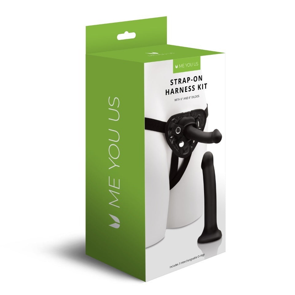 premium me you us strap on harness kit with 6 and 8 inch dildos