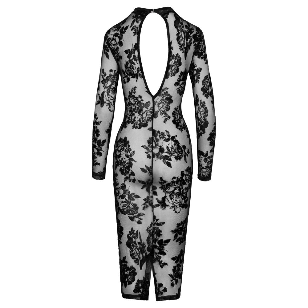 premium noir tight fitting floral transparent dress