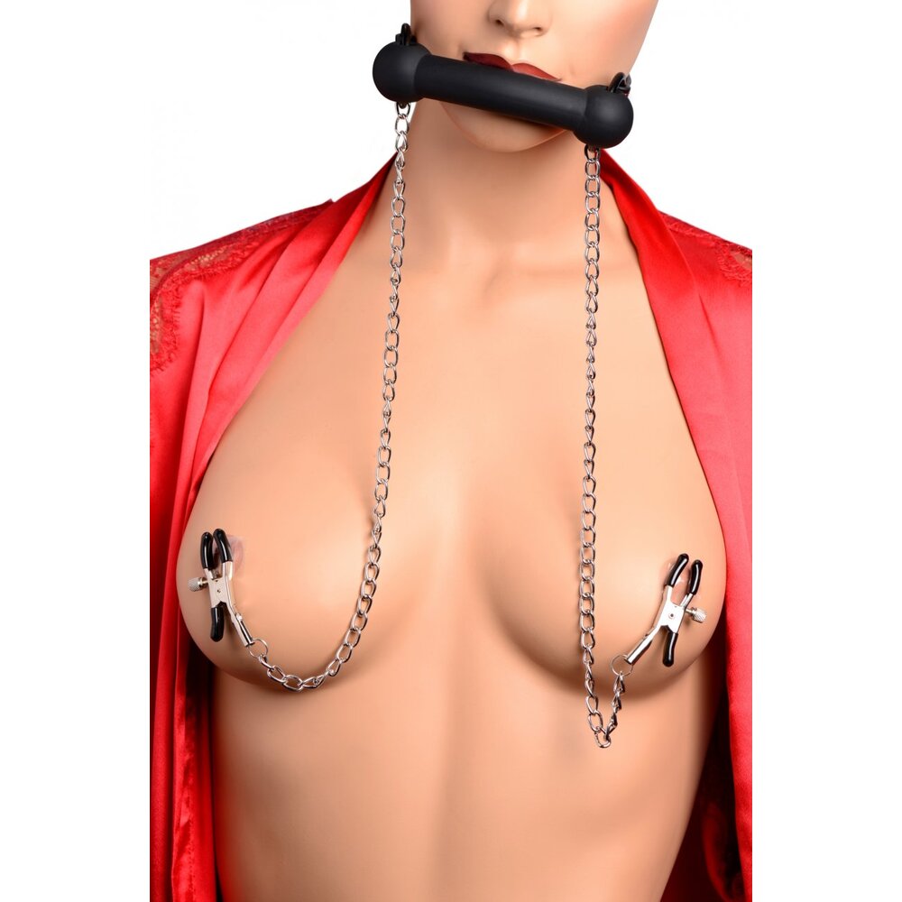 premium xr silicone bit gag with nipple clamps