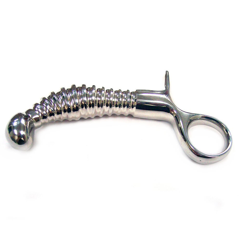 rouge stainless steel ribbed anal probe with handle