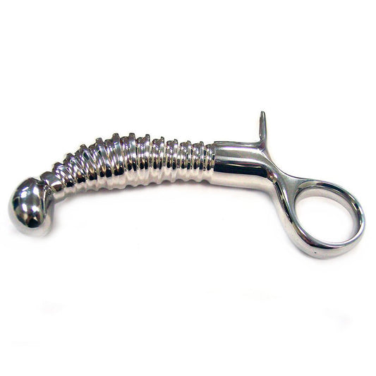 rouge stainless steel ribbed anal probe with handle