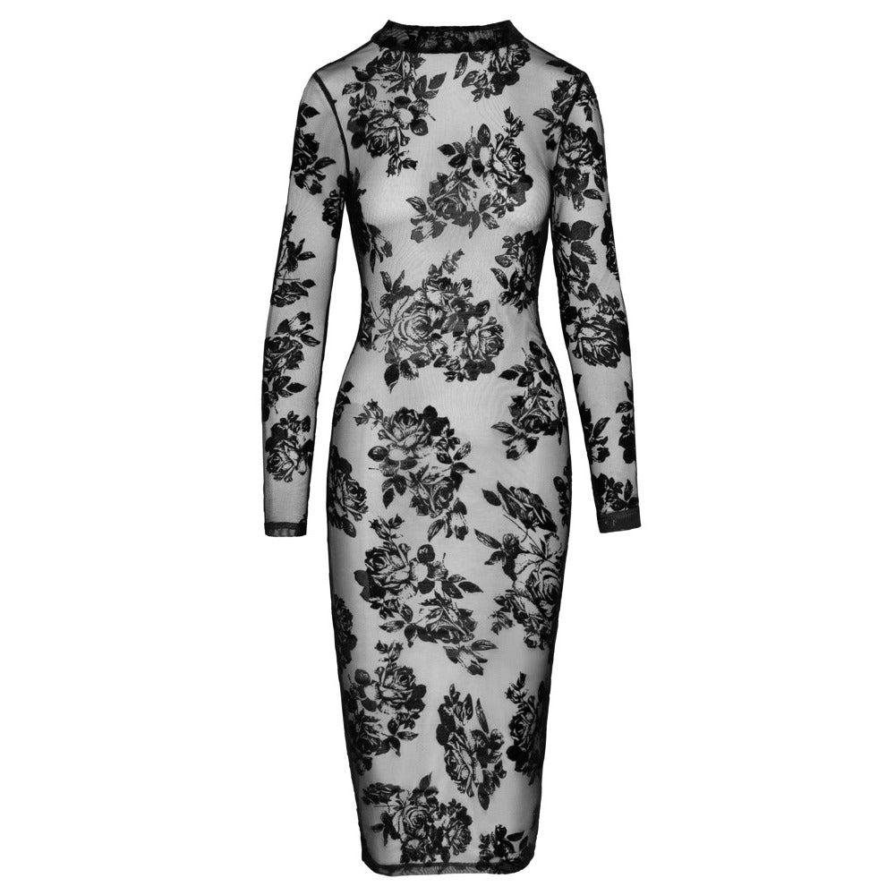 shop noir tight fitting floral transparent dress