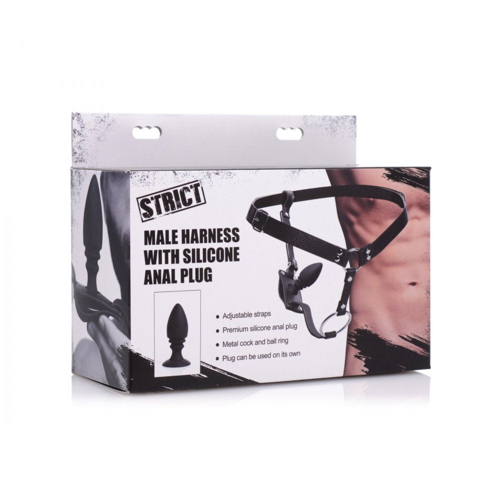 shop xr strict male cock ring harness with silicone anal plug