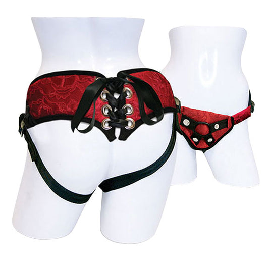 sportsheets red lace with satin corsette strap on