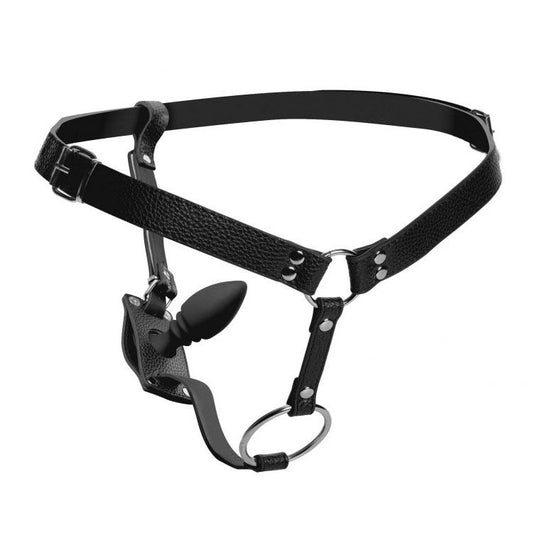 xr strict male cock ring harness with silicone anal plug